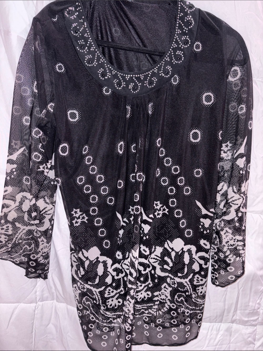 Simply Irresistible Black and White Floral Mesh Tunic with Studded Scoop Neck